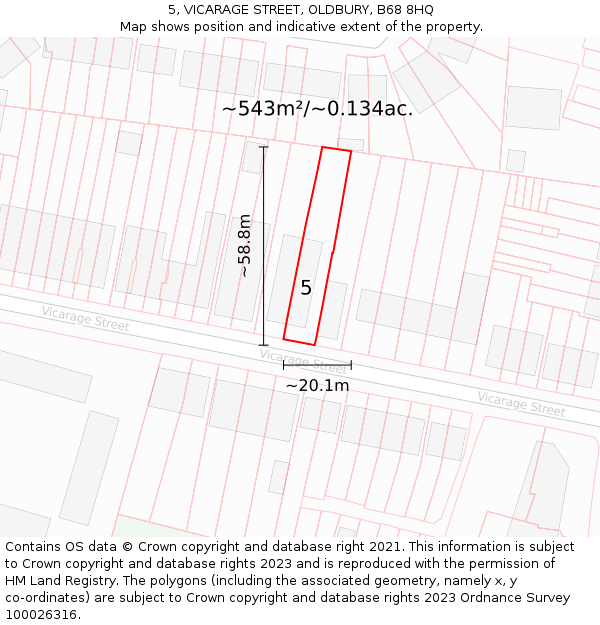 5, VICARAGE STREET, OLDBURY, B68 8HQ: Plot and title map