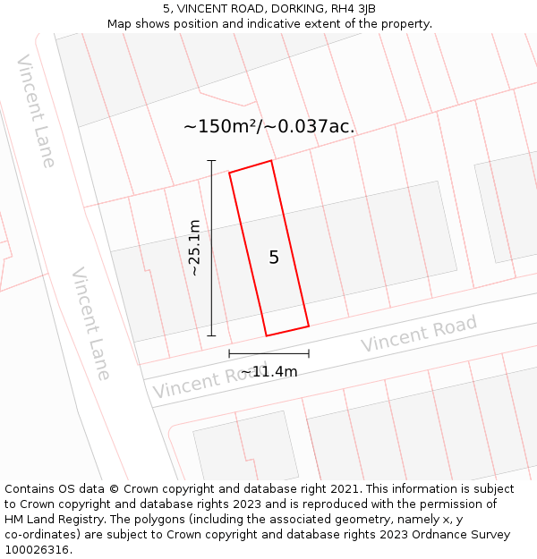 5, VINCENT ROAD, DORKING, RH4 3JB: Plot and title map