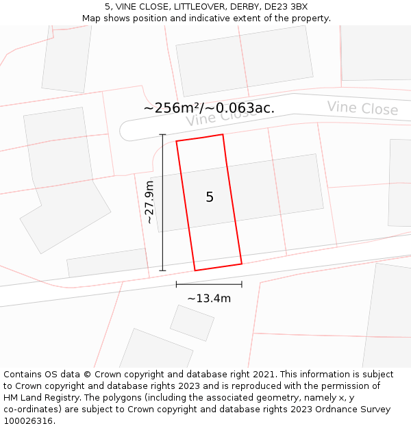 5, VINE CLOSE, LITTLEOVER, DERBY, DE23 3BX: Plot and title map