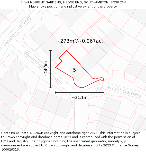 5, WAINWRIGHT GARDENS, HEDGE END, SOUTHAMPTON, SO30 2NF: Plot and title map