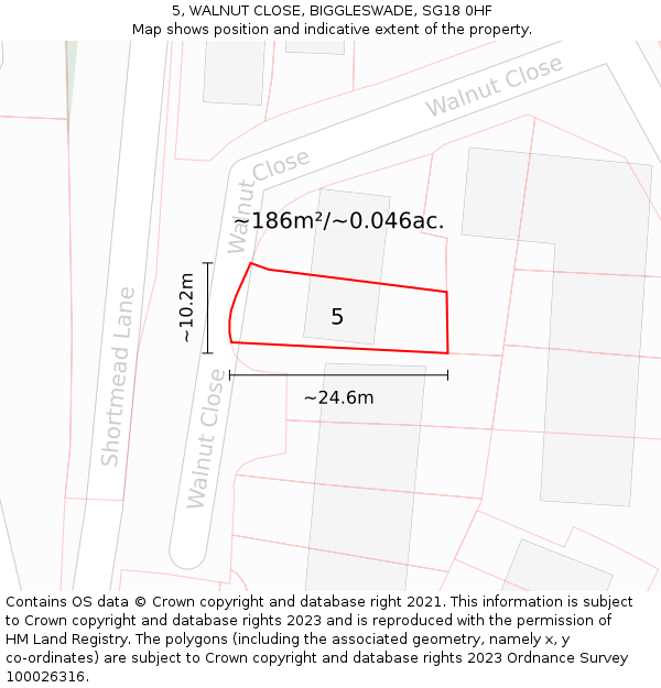 5, WALNUT CLOSE, BIGGLESWADE, SG18 0HF: Plot and title map