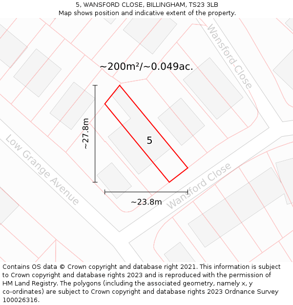 5, WANSFORD CLOSE, BILLINGHAM, TS23 3LB: Plot and title map