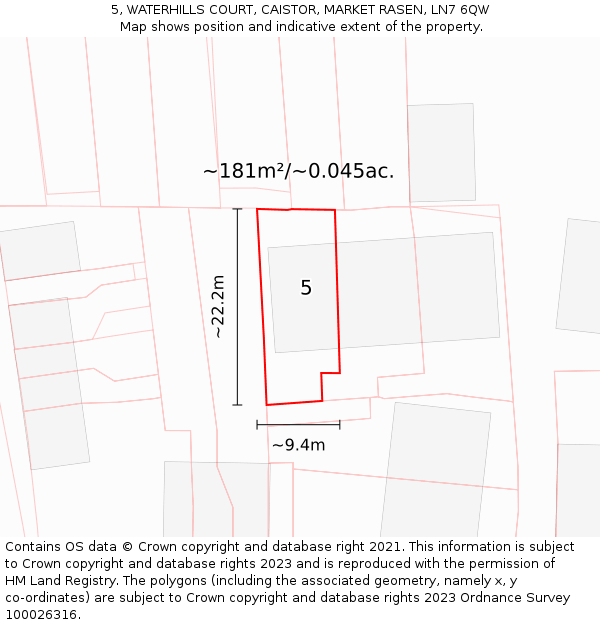 5, WATERHILLS COURT, CAISTOR, MARKET RASEN, LN7 6QW: Plot and title map