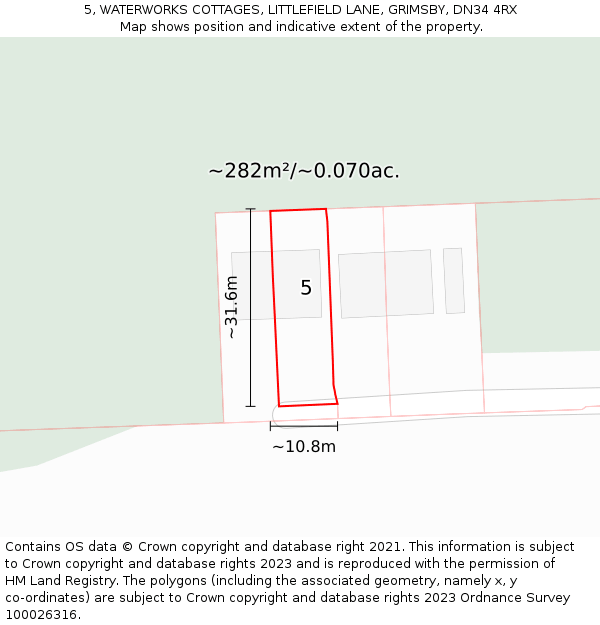 5, WATERWORKS COTTAGES, LITTLEFIELD LANE, GRIMSBY, DN34 4RX: Plot and title map