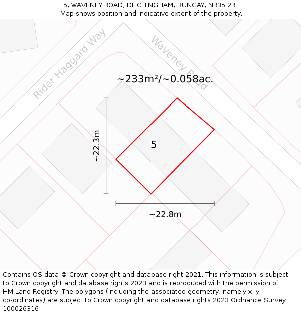 5, WAVENEY ROAD, DITCHINGHAM, BUNGAY, NR35 2RF: Plot and title map