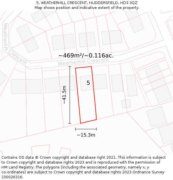 5, WEATHERHILL CRESCENT, HUDDERSFIELD, HD3 3QZ: Plot and title map