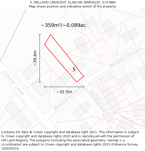 5, WELLAND CRESCENT, ELSECAR, BARNSLEY, S74 8BN: Plot and title map