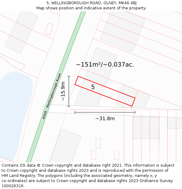 5, WELLINGBOROUGH ROAD, OLNEY, MK46 4BJ: Plot and title map