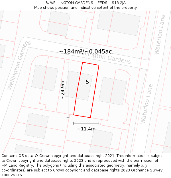 5, WELLINGTON GARDENS, LEEDS, LS13 2JA: Plot and title map