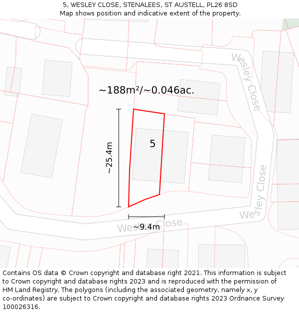 5, WESLEY CLOSE, STENALEES, ST AUSTELL, PL26 8SD: Plot and title map