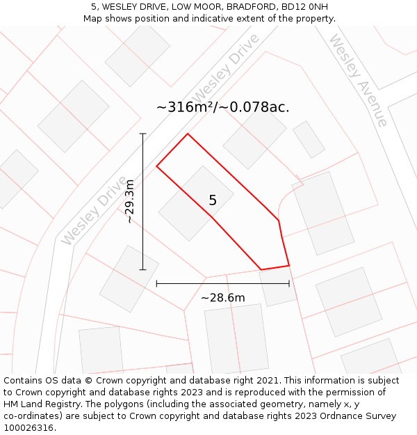 5, WESLEY DRIVE, LOW MOOR, BRADFORD, BD12 0NH: Plot and title map