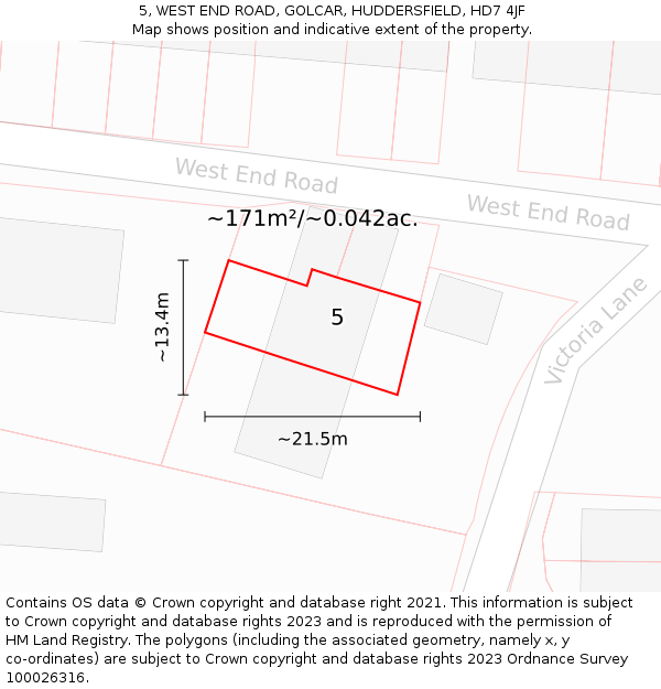 5, WEST END ROAD, GOLCAR, HUDDERSFIELD, HD7 4JF: Plot and title map