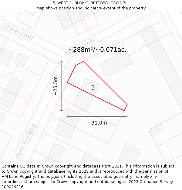 5, WEST FURLONG, RETFORD, DN22 7LL: Plot and title map