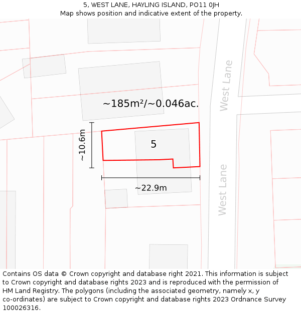 5, WEST LANE, HAYLING ISLAND, PO11 0JH: Plot and title map
