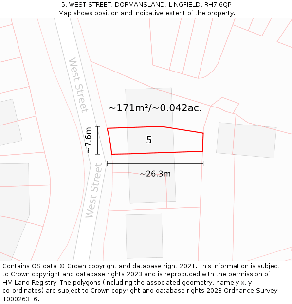 5, WEST STREET, DORMANSLAND, LINGFIELD, RH7 6QP: Plot and title map