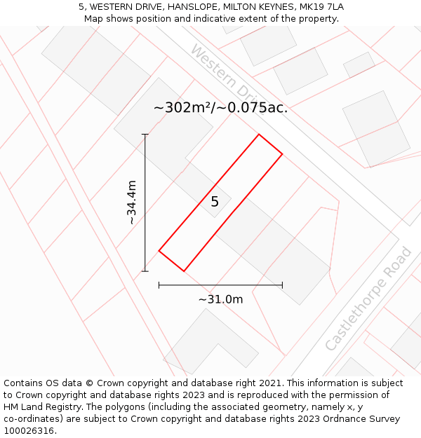 5, WESTERN DRIVE, HANSLOPE, MILTON KEYNES, MK19 7LA: Plot and title map