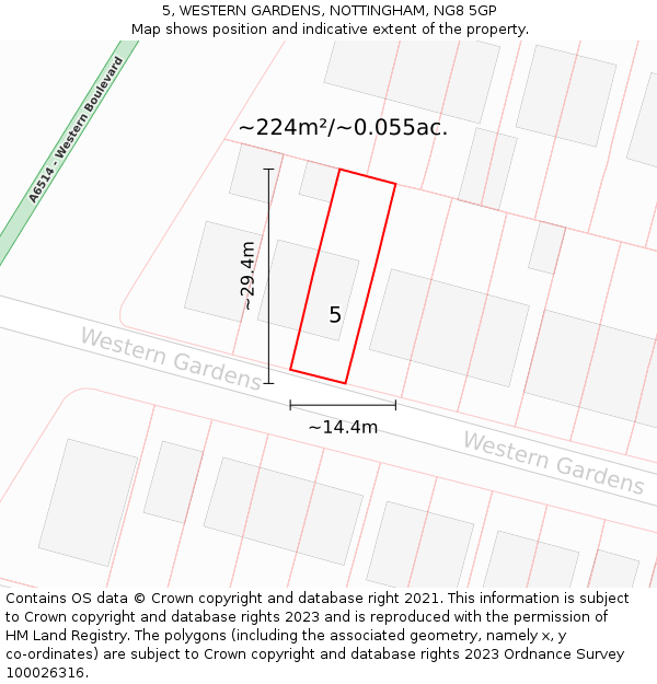 5, WESTERN GARDENS, NOTTINGHAM, NG8 5GP: Plot and title map