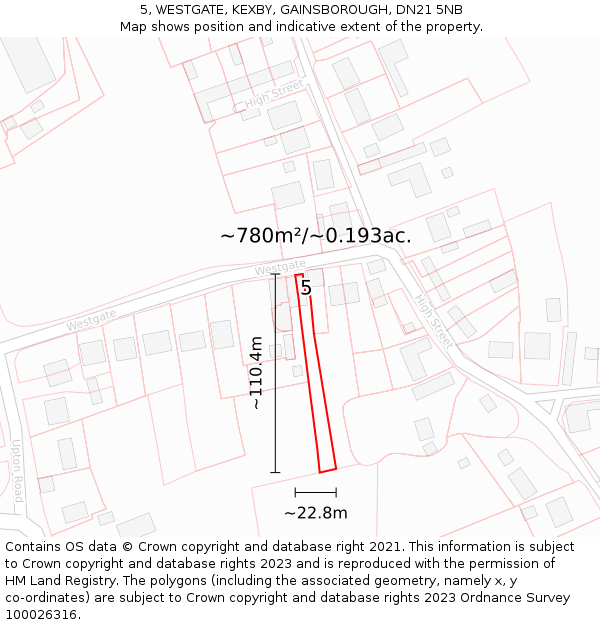 5, WESTGATE, KEXBY, GAINSBOROUGH, DN21 5NB: Plot and title map