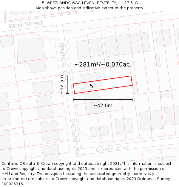 5, WESTLANDS WAY, LEVEN, BEVERLEY, HU17 5LG: Plot and title map