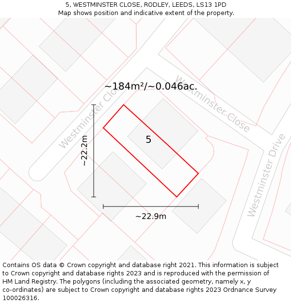 5, WESTMINSTER CLOSE, RODLEY, LEEDS, LS13 1PD: Plot and title map