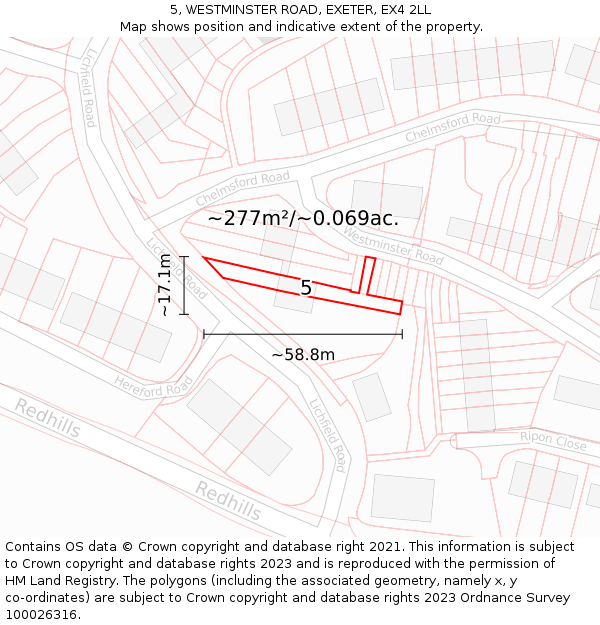 5, WESTMINSTER ROAD, EXETER, EX4 2LL: Plot and title map