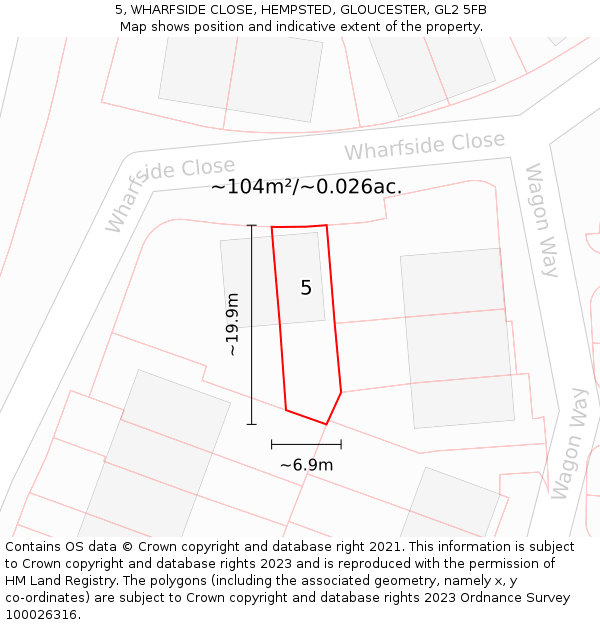 5, WHARFSIDE CLOSE, HEMPSTED, GLOUCESTER, GL2 5FB: Plot and title map