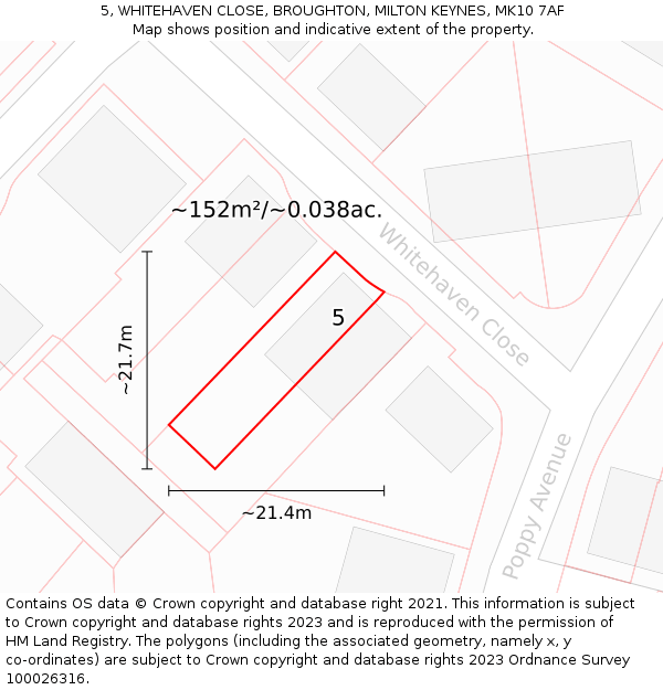 5, WHITEHAVEN CLOSE, BROUGHTON, MILTON KEYNES, MK10 7AF: Plot and title map