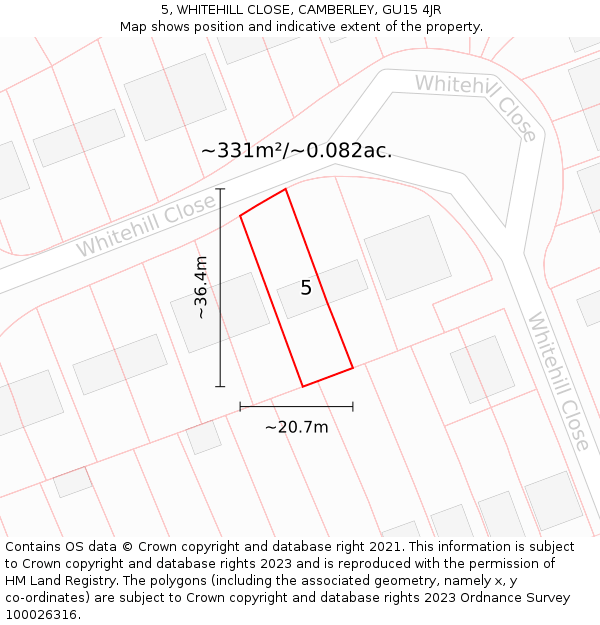 5, WHITEHILL CLOSE, CAMBERLEY, GU15 4JR: Plot and title map