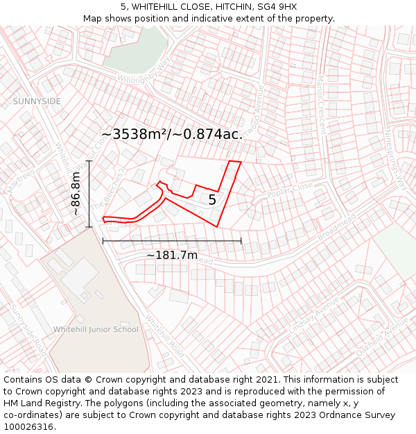5, WHITEHILL CLOSE, HITCHIN, SG4 9HX: Plot and title map
