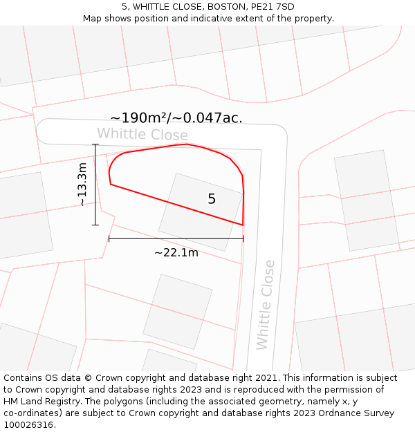 5, WHITTLE CLOSE, BOSTON, PE21 7SD: Plot and title map