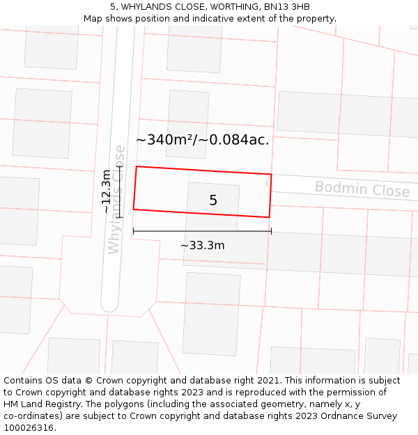5, WHYLANDS CLOSE, WORTHING, BN13 3HB: Plot and title map