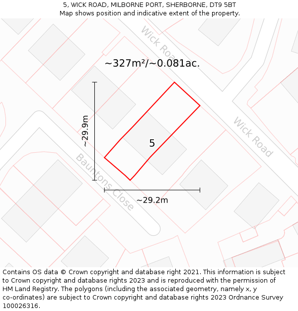 5, WICK ROAD, MILBORNE PORT, SHERBORNE, DT9 5BT: Plot and title map
