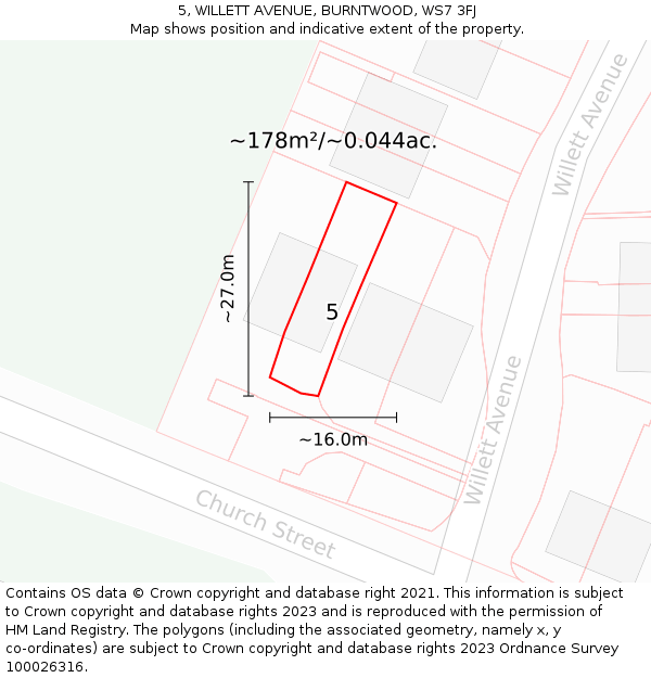 5, WILLETT AVENUE, BURNTWOOD, WS7 3FJ: Plot and title map