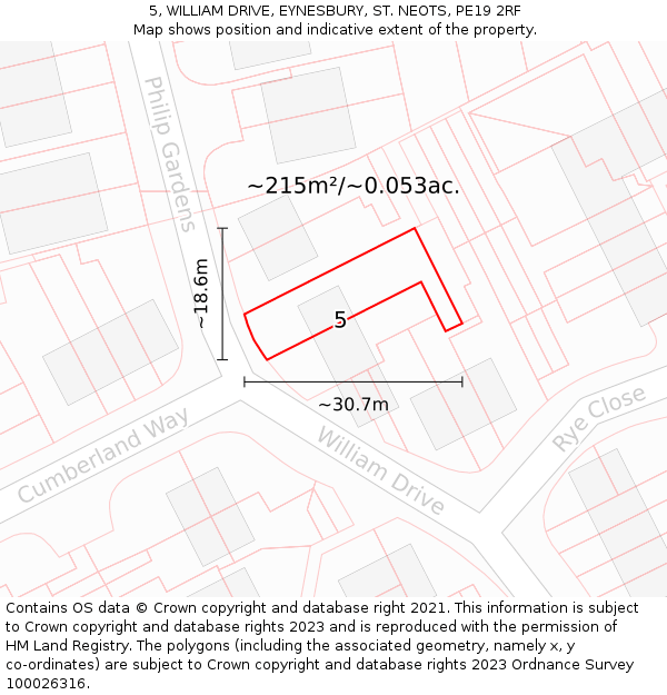 5, WILLIAM DRIVE, EYNESBURY, ST. NEOTS, PE19 2RF: Plot and title map