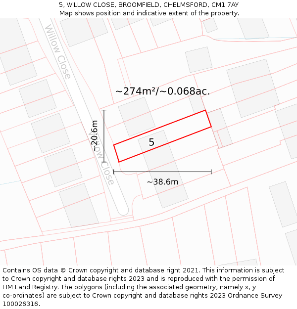5, WILLOW CLOSE, BROOMFIELD, CHELMSFORD, CM1 7AY: Plot and title map