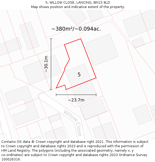5, WILLOW CLOSE, LANCING, BN15 8LD: Plot and title map