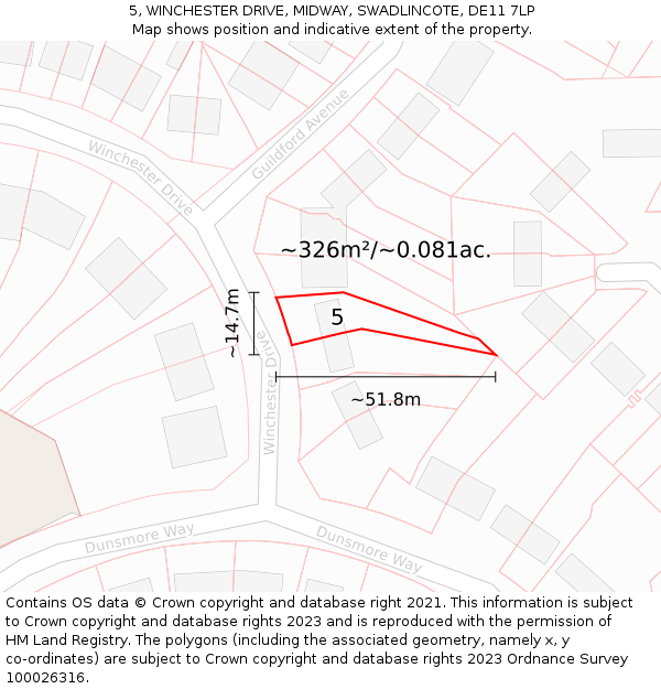5, WINCHESTER DRIVE, MIDWAY, SWADLINCOTE, DE11 7LP: Plot and title map