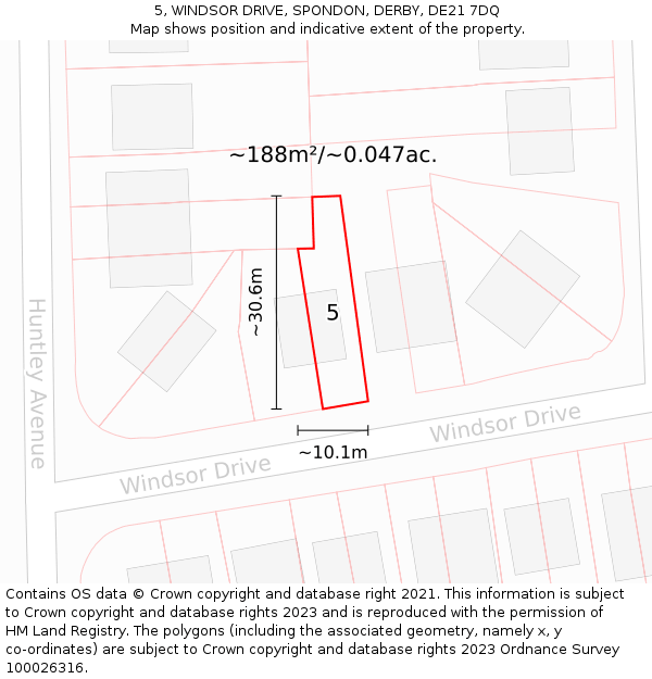 5, WINDSOR DRIVE, SPONDON, DERBY, DE21 7DQ: Plot and title map