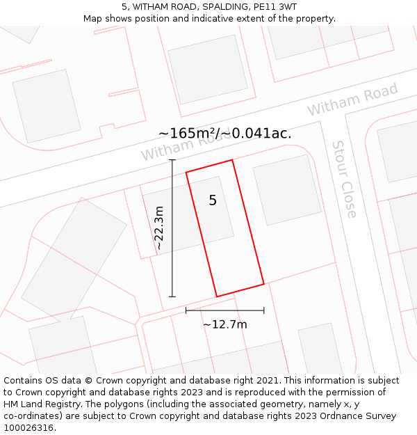 5, WITHAM ROAD, SPALDING, PE11 3WT: Plot and title map
