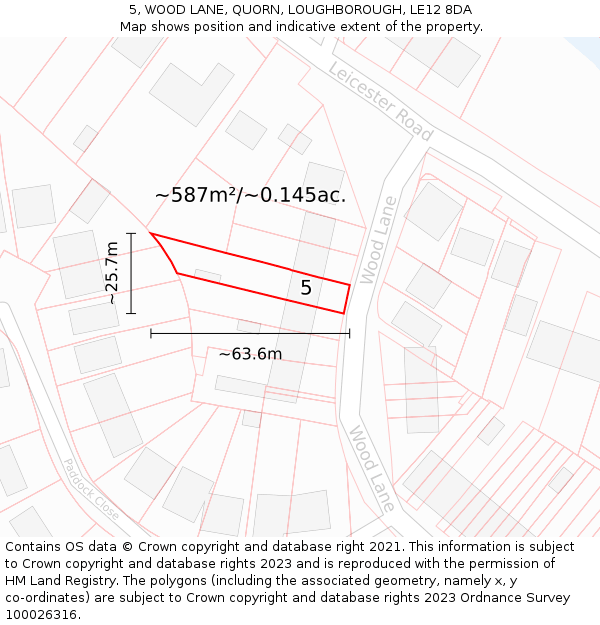 5, WOOD LANE, QUORN, LOUGHBOROUGH, LE12 8DA: Plot and title map