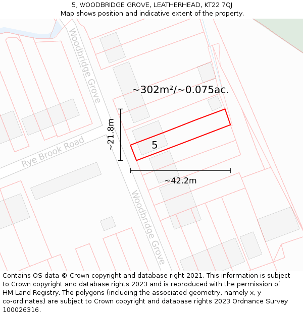 5, WOODBRIDGE GROVE, LEATHERHEAD, KT22 7QJ: Plot and title map