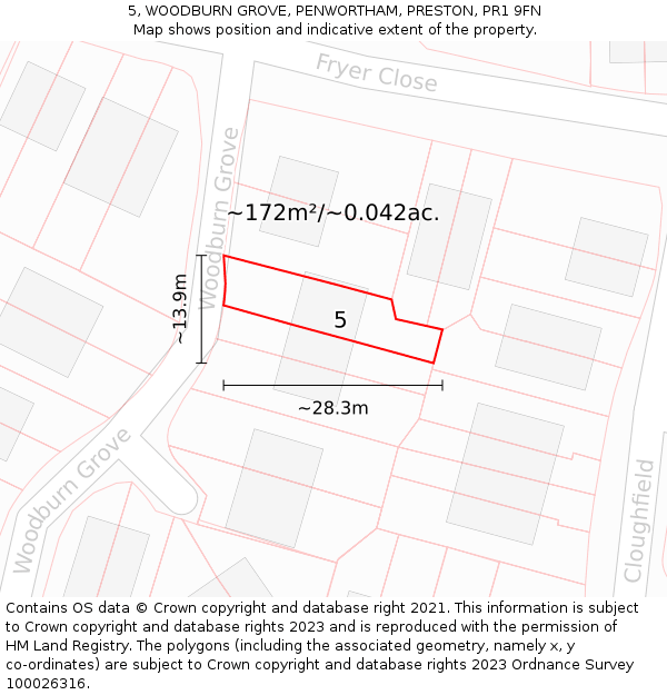 5, WOODBURN GROVE, PENWORTHAM, PRESTON, PR1 9FN: Plot and title map