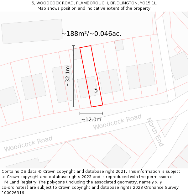 5, WOODCOCK ROAD, FLAMBOROUGH, BRIDLINGTON, YO15 1LJ: Plot and title map