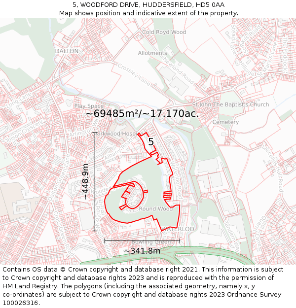 5, WOODFORD DRIVE, HUDDERSFIELD, HD5 0AA: Plot and title map