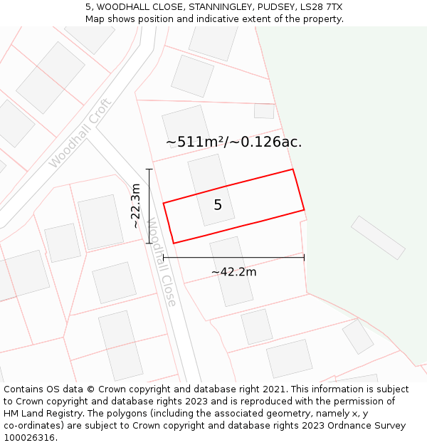 5, WOODHALL CLOSE, STANNINGLEY, PUDSEY, LS28 7TX: Plot and title map