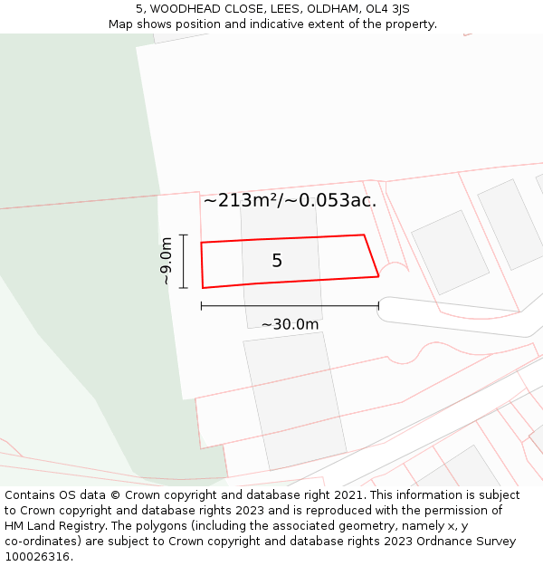 5, WOODHEAD CLOSE, LEES, OLDHAM, OL4 3JS: Plot and title map