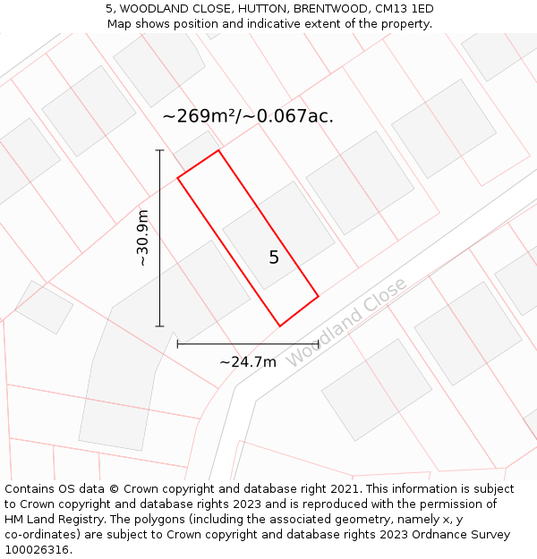 5, WOODLAND CLOSE, HUTTON, BRENTWOOD, CM13 1ED: Plot and title map