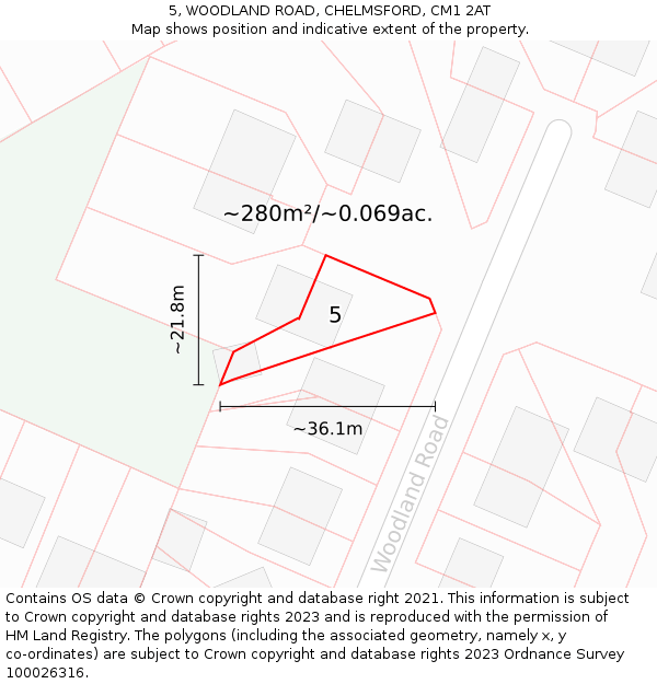 5, WOODLAND ROAD, CHELMSFORD, CM1 2AT: Plot and title map