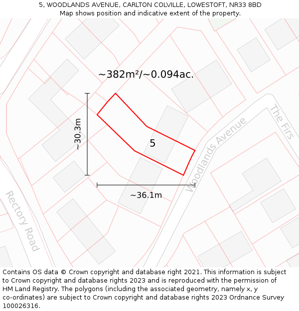 5, WOODLANDS AVENUE, CARLTON COLVILLE, LOWESTOFT, NR33 8BD: Plot and title map
