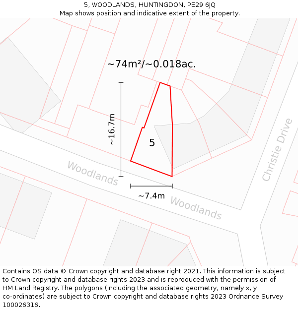 5, WOODLANDS, HUNTINGDON, PE29 6JQ: Plot and title map